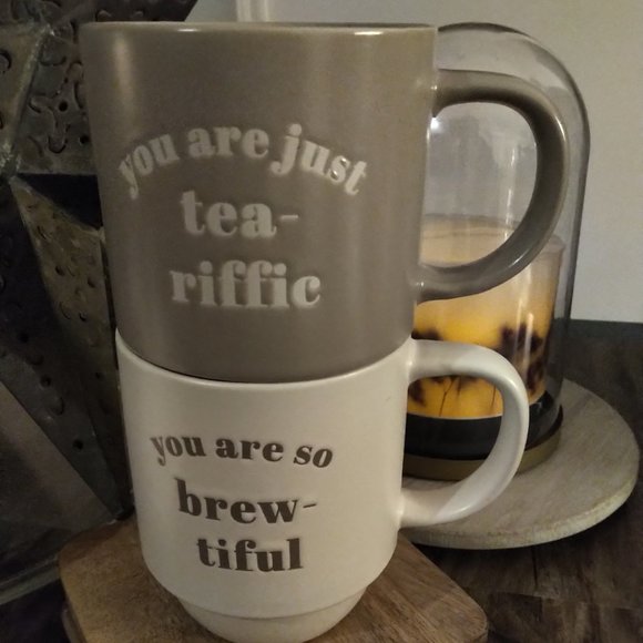 Set of 2 Stackable Coffee Tea Mug Set Brew-tiful Tea-riffic Microwave d/w safe